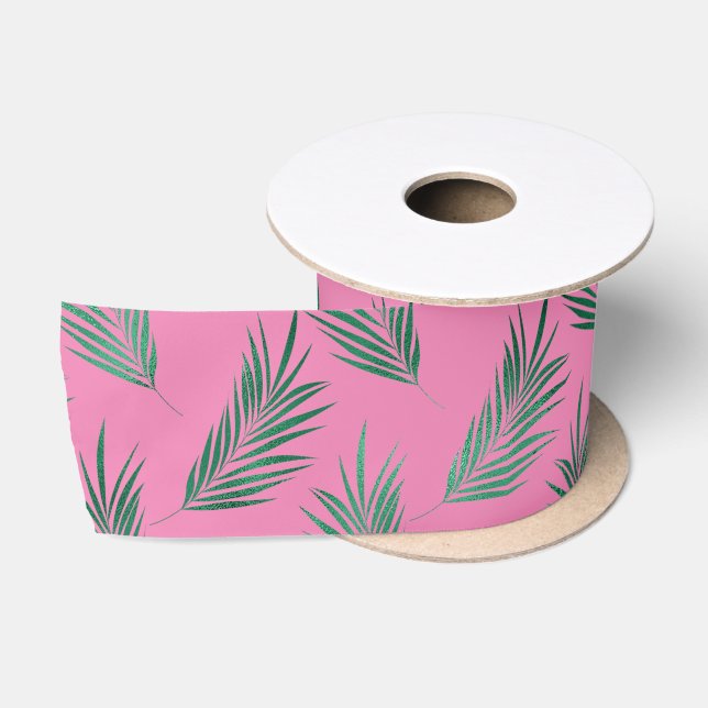 Pink Green Tropical Leaves Satin Ribbon (Spool)