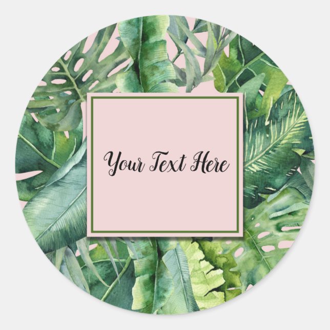 Pink & Green Tropical Leaves Sweet 16 Party Classic Round Sticker (Front)
