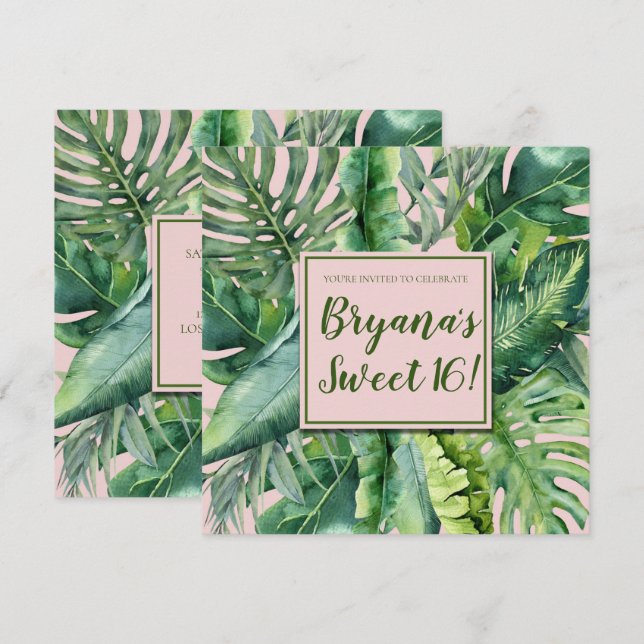Pink & Green Tropical Leaves Sweet 16 Party Invitation (Front/Back)