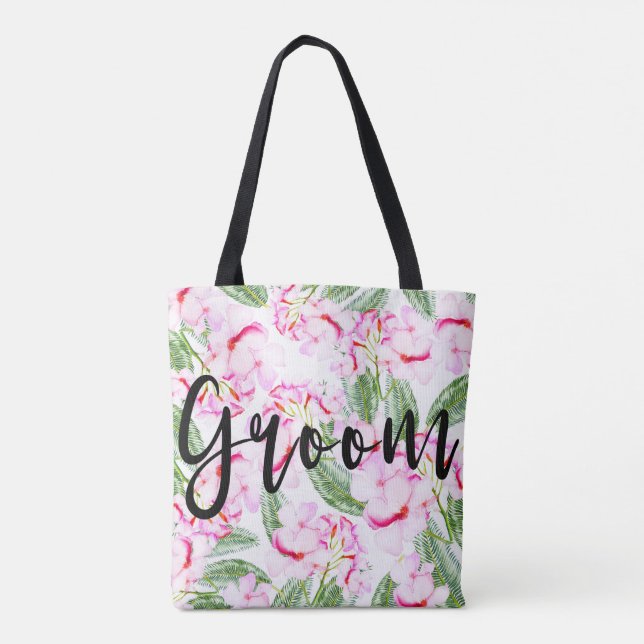 Pink Green Tropical Oasis Botanical GROOM / MR. Tote Bag (Back)