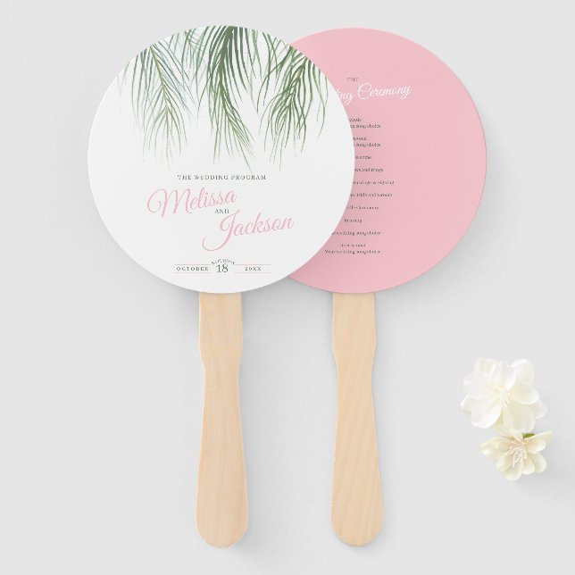 Pink green tropical palms watercolor art hand fan (Front and Back)