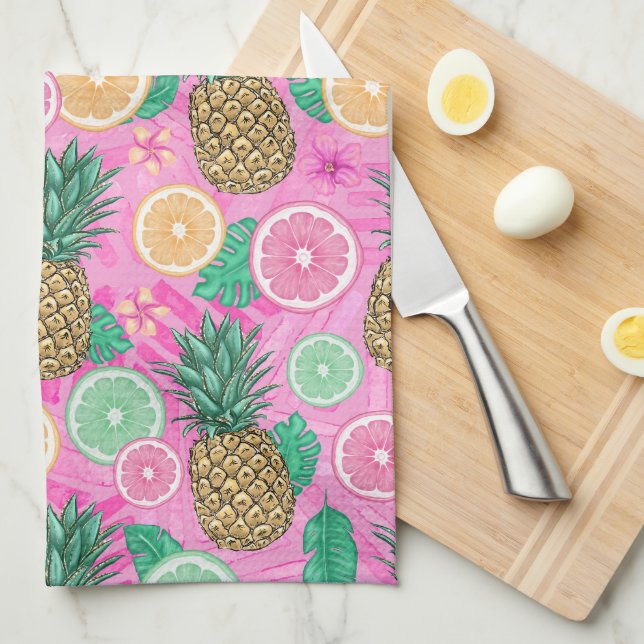PINK & GREEN TROPICAL SUMMER BEACH THEME KITCHEN TOWEL (Quarter Fold)