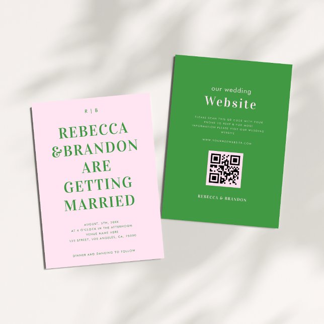 Pink & Green Typography All in One QR Code Wedding Invitation (Creator Uploaded)