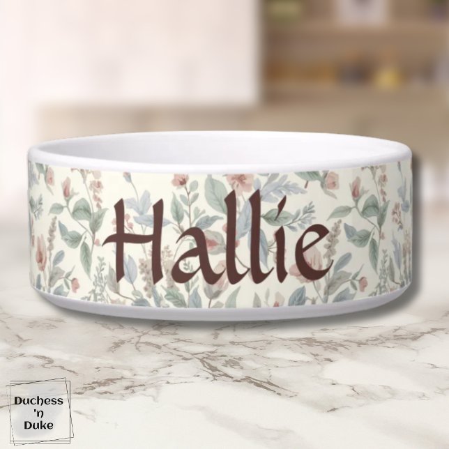 Pink Green Vintage Floral Pattern Pet  Bowl (Pink Green Vintage Floral Pattern Garden Style Bowl)