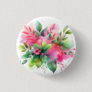Pink Green Watercolor Botanical Bloom 1 Inch Round Button