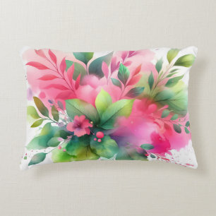 Pink Green Watercolor Botanical Bloom Accent Pillow