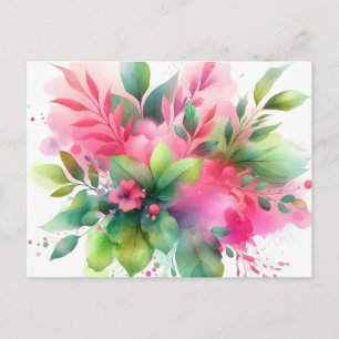 Pink Green Watercolor Botanical Bloom Holiday Postcard