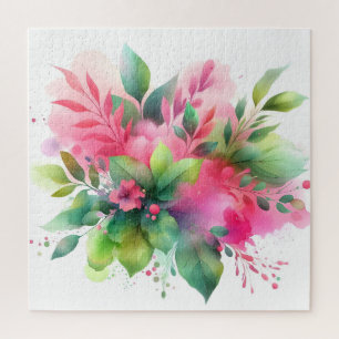 Pink Green Watercolor Botanical Bloom Jigsaw Puzzle
