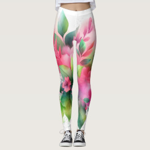 Pink Green Watercolor Botanical Bloom Leggings