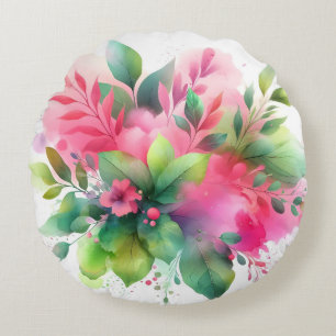 Pink Green Watercolor Botanical Bloom Round Pillow