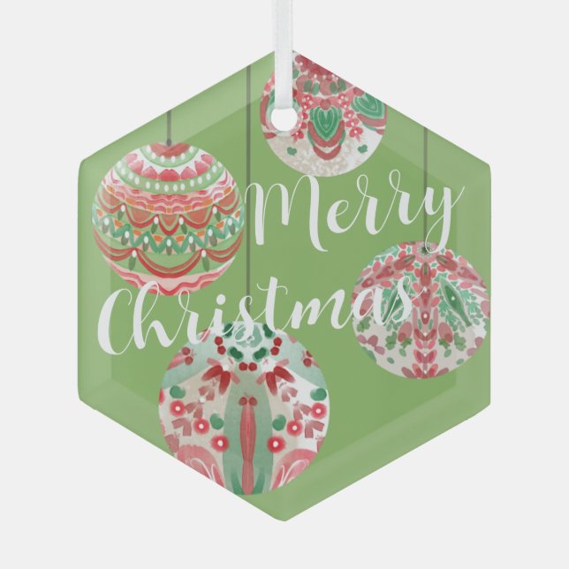 Pink & Green Watercolor Christmas Hanging Balls  Glass Ornament (Front)