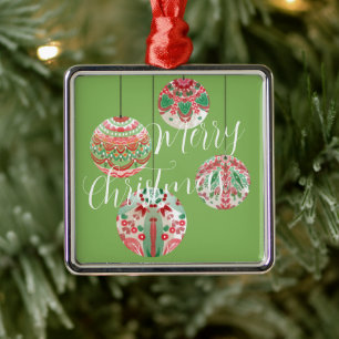 Pink & Green Watercolor Christmas Hanging Balls Metal Ornament