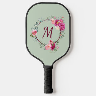 Pink + Green Watercolor Floral Monogram Initial Pickleball Paddle