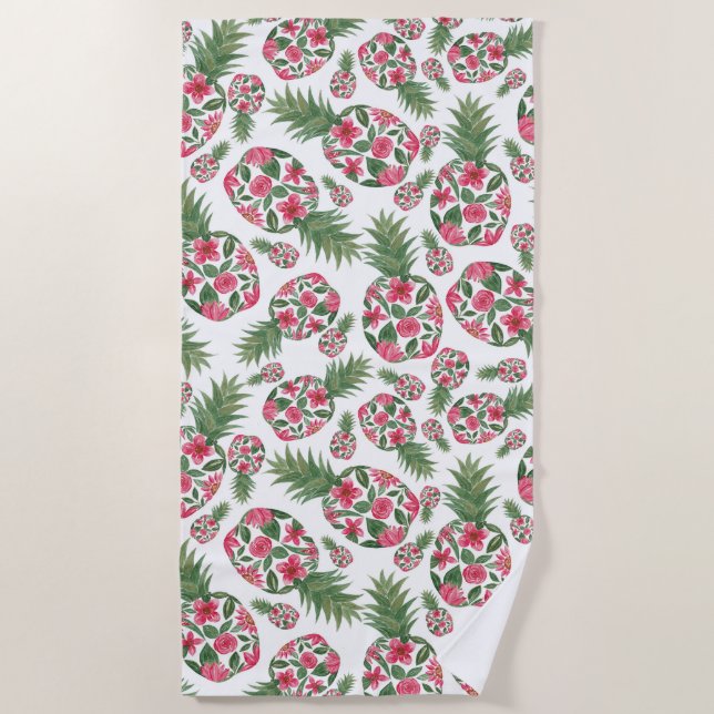 Pink Green Watercolor Floral Pineapples Pattern Beach Towel (Front)
