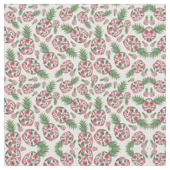 Pink Green Watercolor Floral Pineapples Pattern Fabric (Close Up)