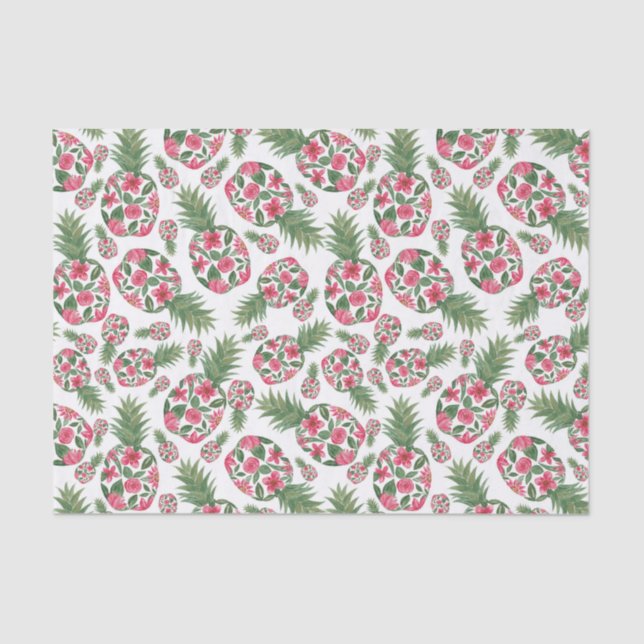 Pink Green Watercolor Floral Pineapples Pattern Tissue Paper (Front)