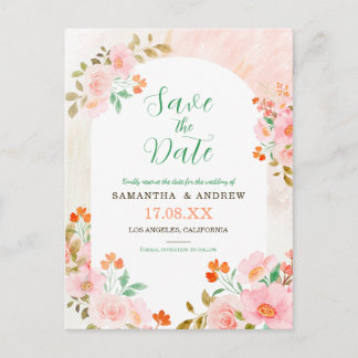  Pink & Green Watercolor Floral Save the Date Announcement Postcard