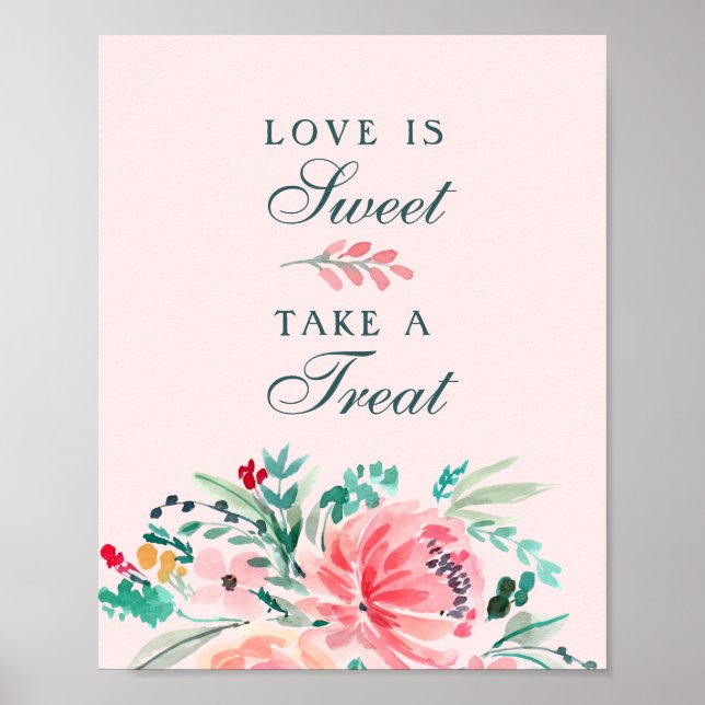 Pink Green Watercolor Floral Sweet Favour Sign (Front)