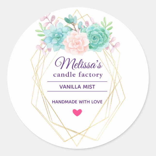 Pink & Green Watercolor Succulent Candle Soap Classic Round Sticker (Front)