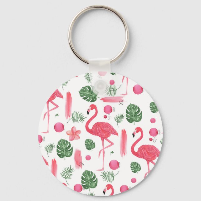Pink green watercolor tropical flamingo floral keychain (Front)