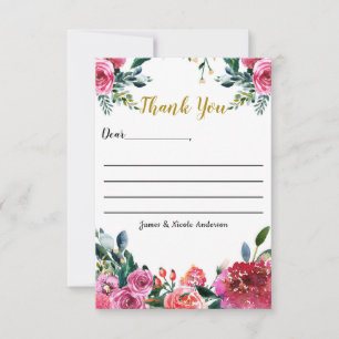 Pink Green Watercolor Vintage Floral Thank You Card