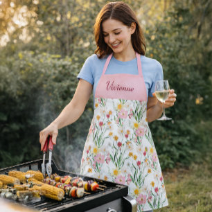 Pink Green Watercolor Wildflower Custom Name Apron