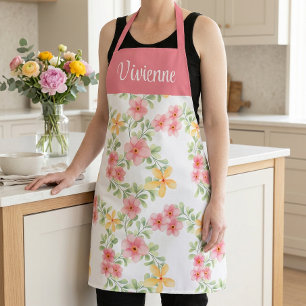 Pink Green Watercolor Wildflower Custom Name Apron