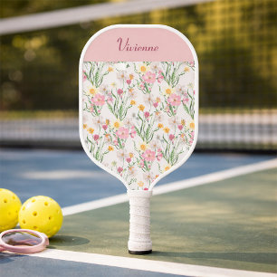 Pink Green Watercolor Wildflower Custom Name Pickleball Paddle
