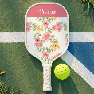 Pink Green Watercolor Wildflower Custom Name Pickleball Paddle