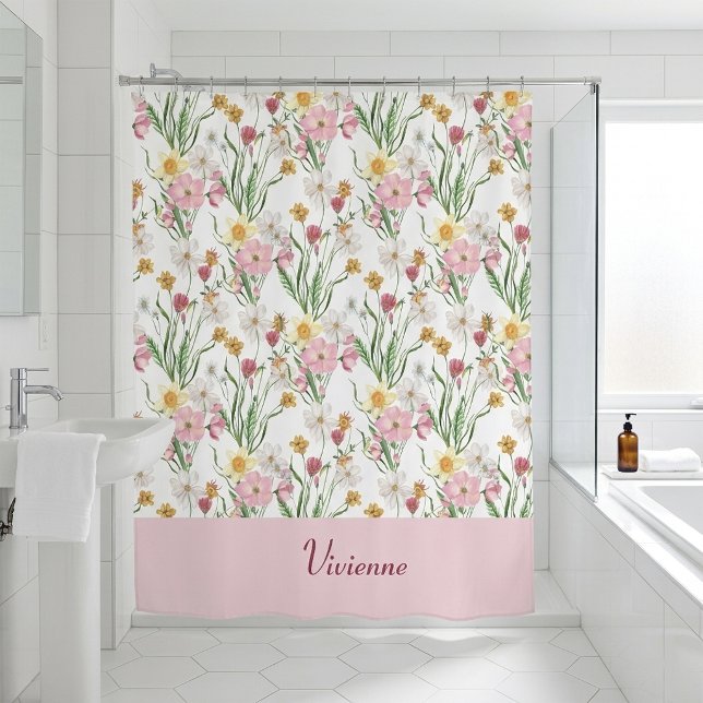 Pink Green Watercolor Wildflower Monogram (Pink Green Watercolor Wildflower Monogram Shower Curtain)