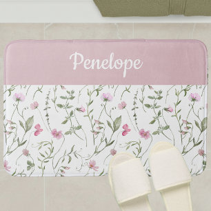 Pink Green Watercolor Wildflower Monogram Bath Mat