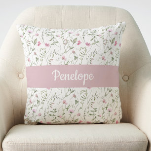 Pink Green Watercolor Wildflower Monogram Name Throw Pillow