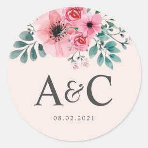 Pink & Green Watercolour Floral Wedding Monogram Classic Round Sticker