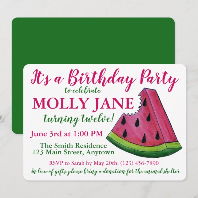 Pink Green Watermelon Slice Birthday Party Shower Invitation (Front/Back)