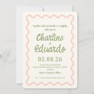 Pink green  Wavy Border Pastel Wedding Invitation