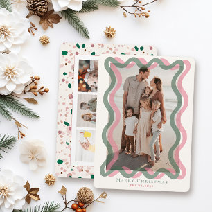 Pink & Green Wavy Frame Photos Christmas Holiday Card