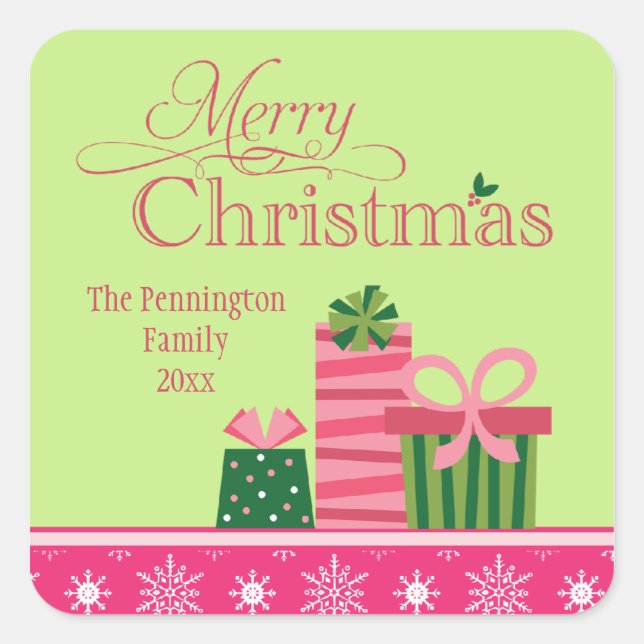 Pink green whimsical presents christmas sticker (Front)