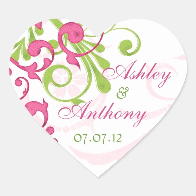 Pink Green White Abstract Floral Wedding Heart Heart Sticker (Front)