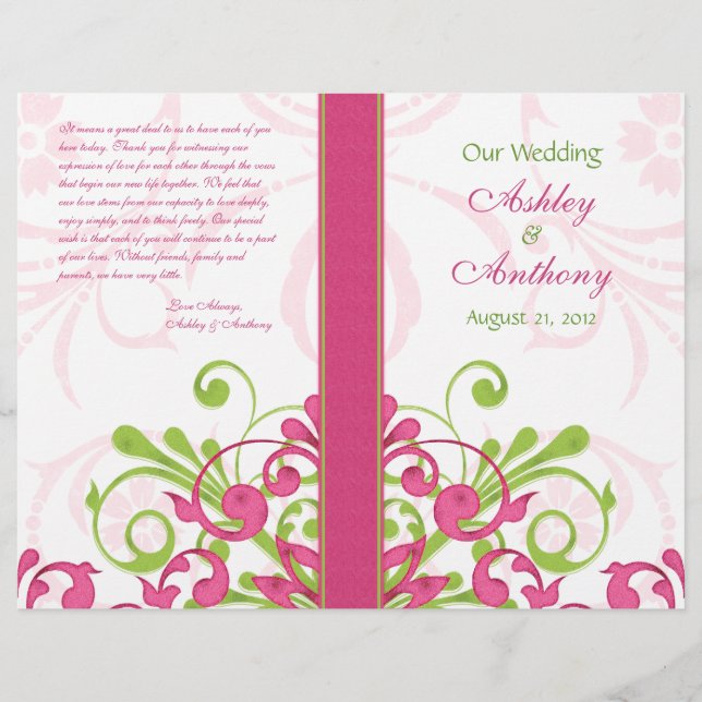 Pink Green White Abstract Floral Wedding Program (Front)