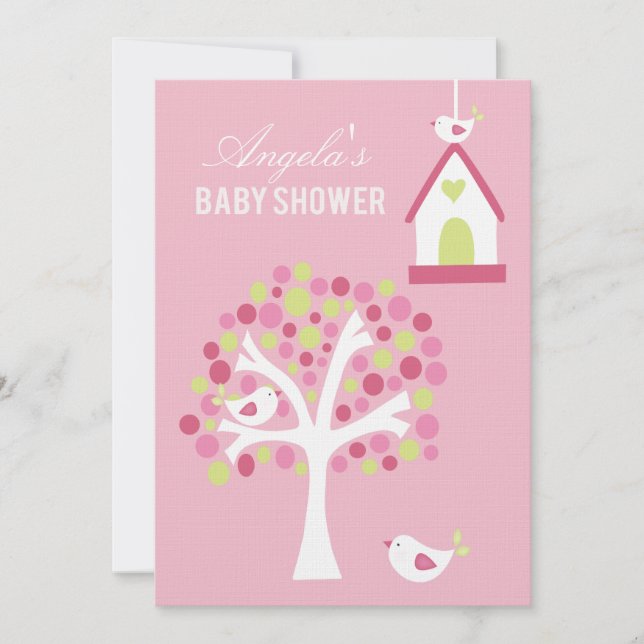 Pink Green White Birds & Tree Baby Shower Invite (Front)