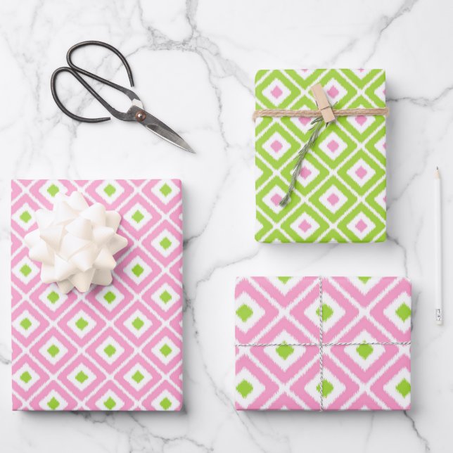 Pink, Green, White Ikat Diamond Pattern Wrapping Paper Sheet (Front)