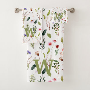 Pink &green wildflower Watercolor Monogram Bath Towel Set