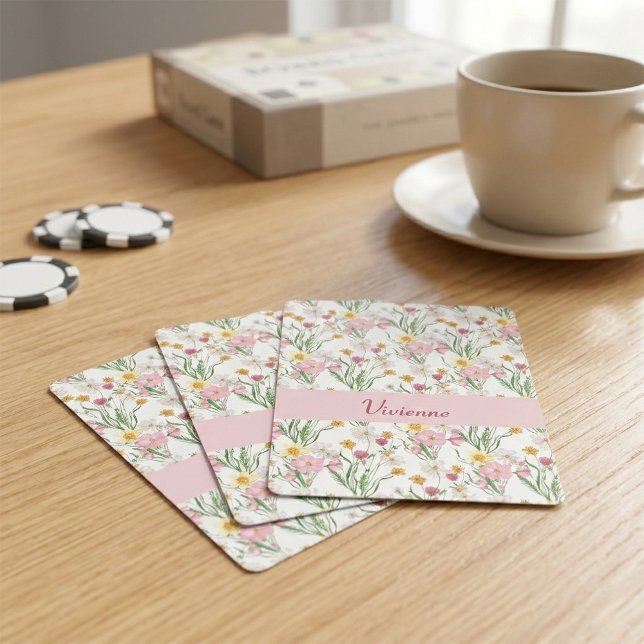 Pink Green Wildflower Watercolor Monogram Name Playing Cards (Pink and Green Wildflower Pattern Playing Cards)