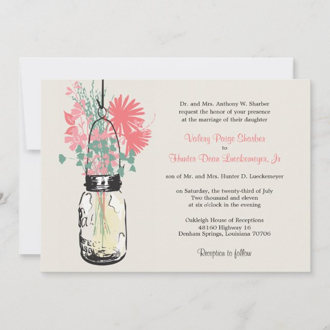 Pink & Green Wildflowers & Mason Jar Wedding Invitation (Front)