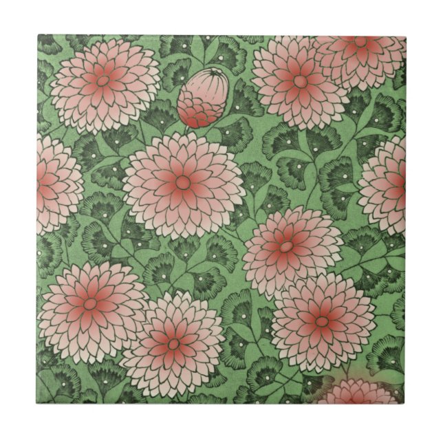 Pink Green Wm Morris Style Chrysanthemum Repro Tile (Front)