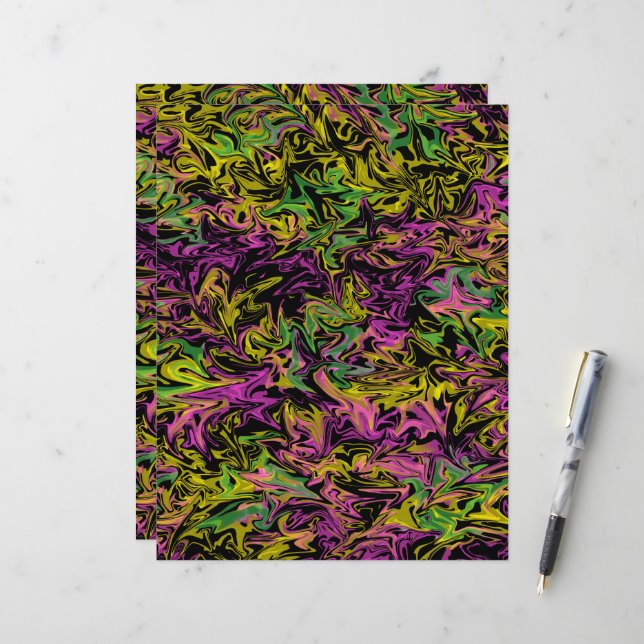 Pink Green Yellow Black Abstract Scrapbook Paper (Front/Back In Situ)