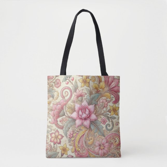 Pink Green Yellow Indonesian Batik Floral Pattern Tote Bag (Front)