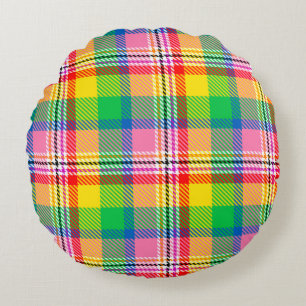 Pink Green Yellow Madras Plaid Design  Round Pillow