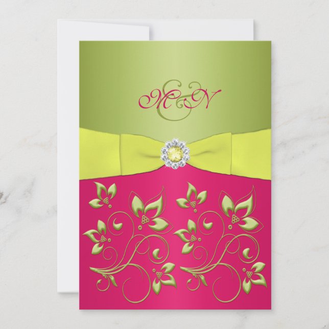 Pink,Green, Yellow Monogram Wedding Invitation (Front)
