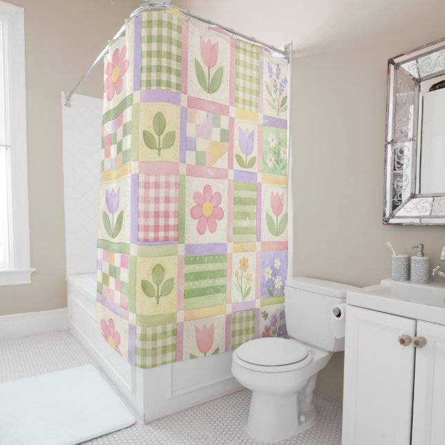 Pink Green Yellow Pastel Quilt Patchwork Floral  (In Situ)